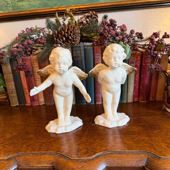 2 Vintage Angel Babies standing on clouds with Gold Tip Wings - Picture 10 of 14